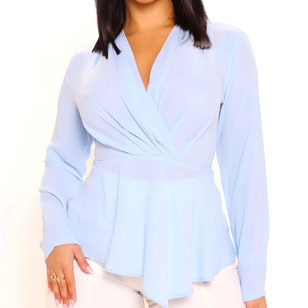 Fashion Nova Sky Blue Draped V-Neck Blouse